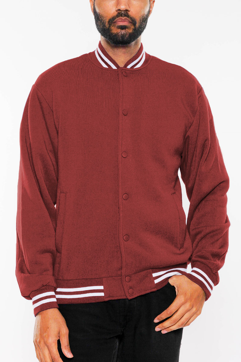 A stylish fleece varsity jacket featuring a snap button closure, ribbed collar, cuffs, and waist, perfect for casual wear.