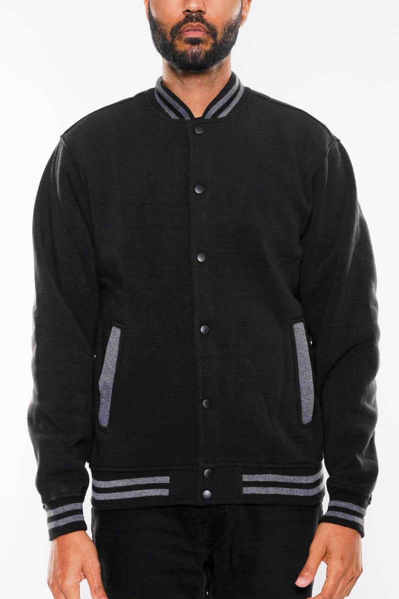 A stylish fleece varsity jacket featuring a snap button closure, ribbed collar, cuffs, and waist, perfect for casual wear.