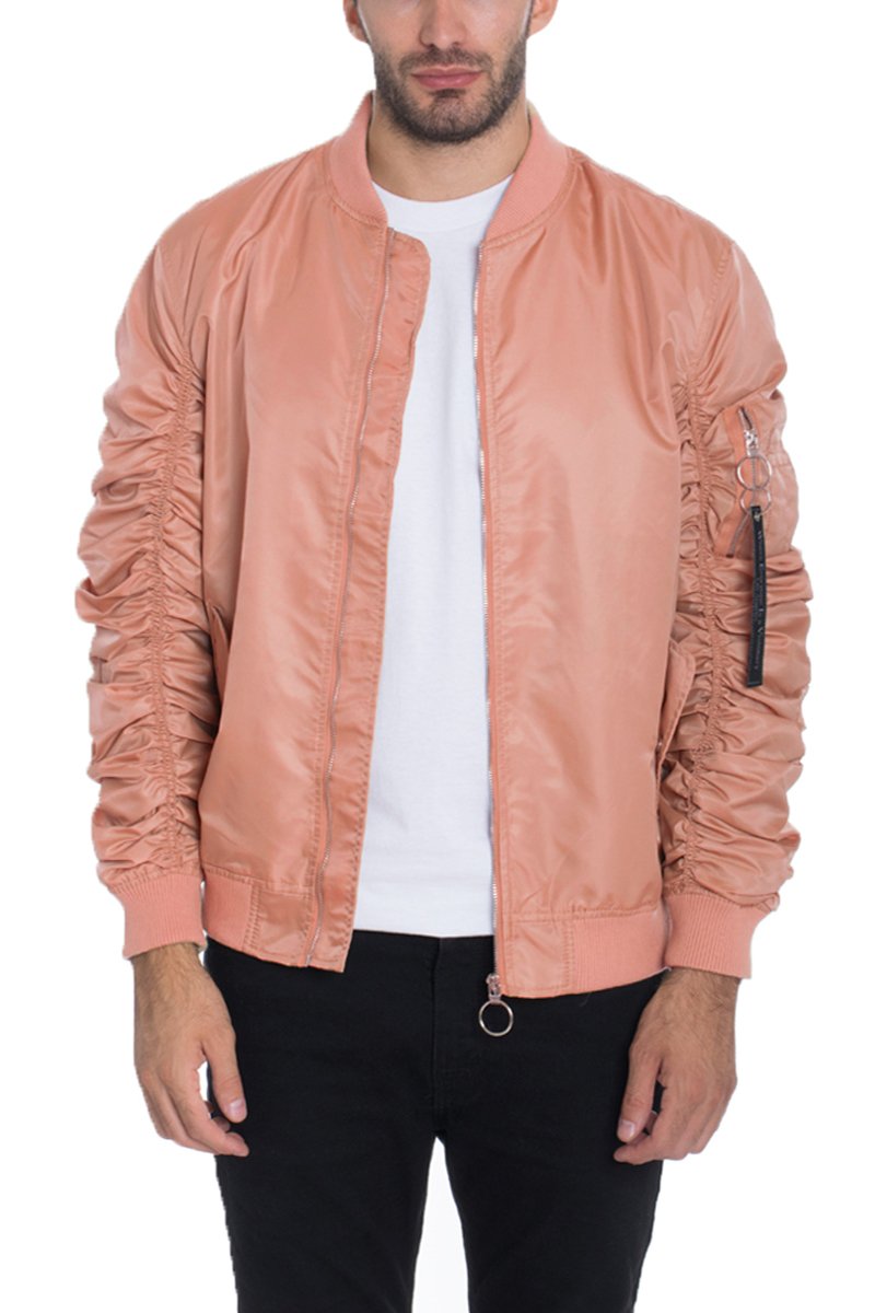 FLIGHT LINED BOMBER jacket featuring scrunched sleeves and a pocket, displayed on a model.