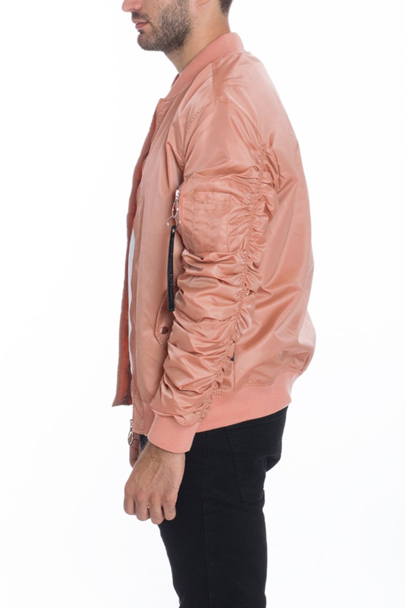 FLIGHT LINED BOMBER jacket featuring scrunched sleeves and a pocket, displayed on a model.