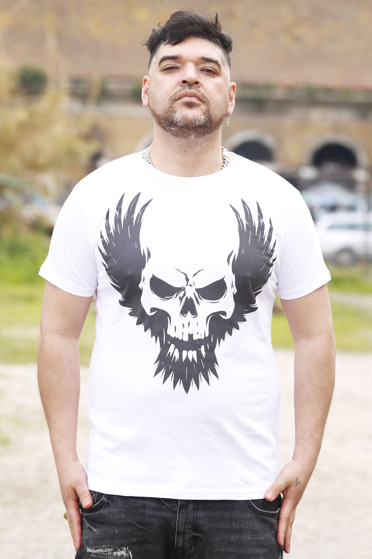 Men's Flying Skull t-shirt featuring a trendy design with a skull print, made from breathable jersey cotton, showcasing the DPM69 logo.