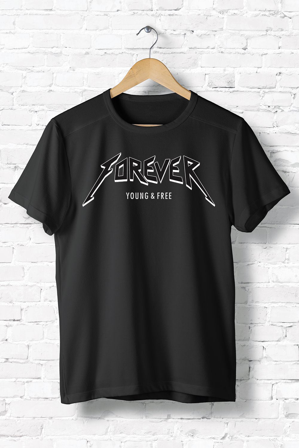 A stylish Forever Young & Free T-Shirt made from soft ring-spun cotton, showcasing its unisex design and lightweight fabric.