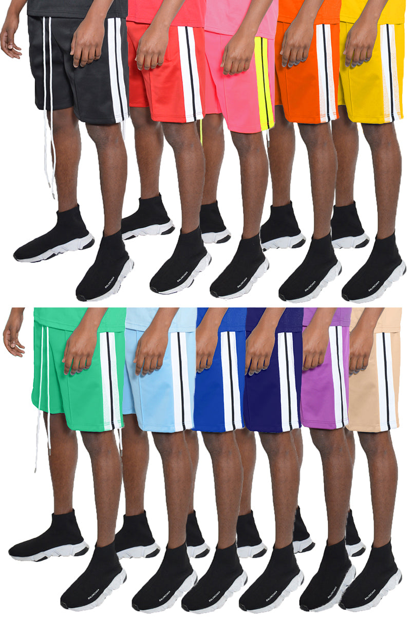 Front Pleat Shorts featuring an elastic waist, drawstring, front pleat design, side striped tape, and standard pockets, made from 100% polyester.