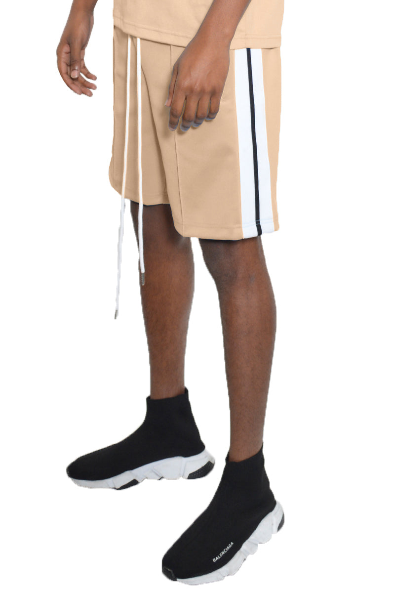 Front Pleat Shorts featuring an elastic waist, drawstring, front pleat design, side striped tape, and standard pockets, made from 100% polyester.