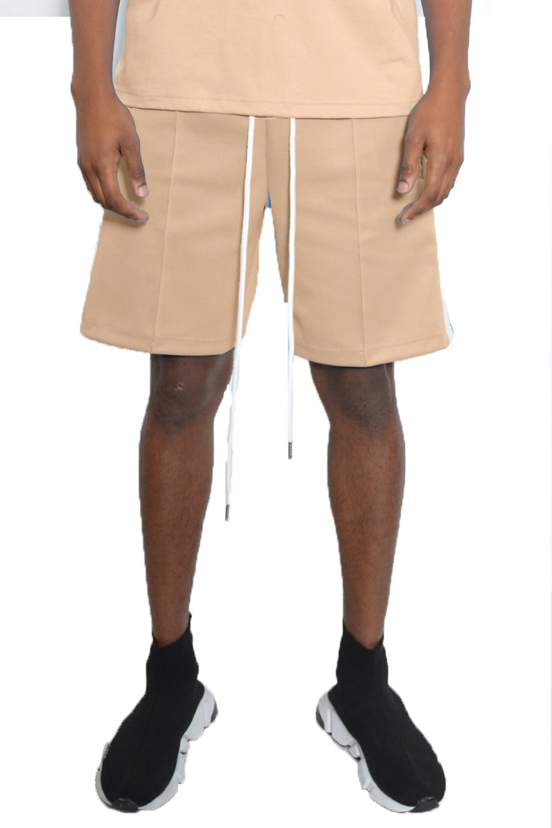 Front Pleat Shorts featuring an elastic waist, drawstring, front pleat design, side striped tape, and standard pockets, made from 100% polyester.