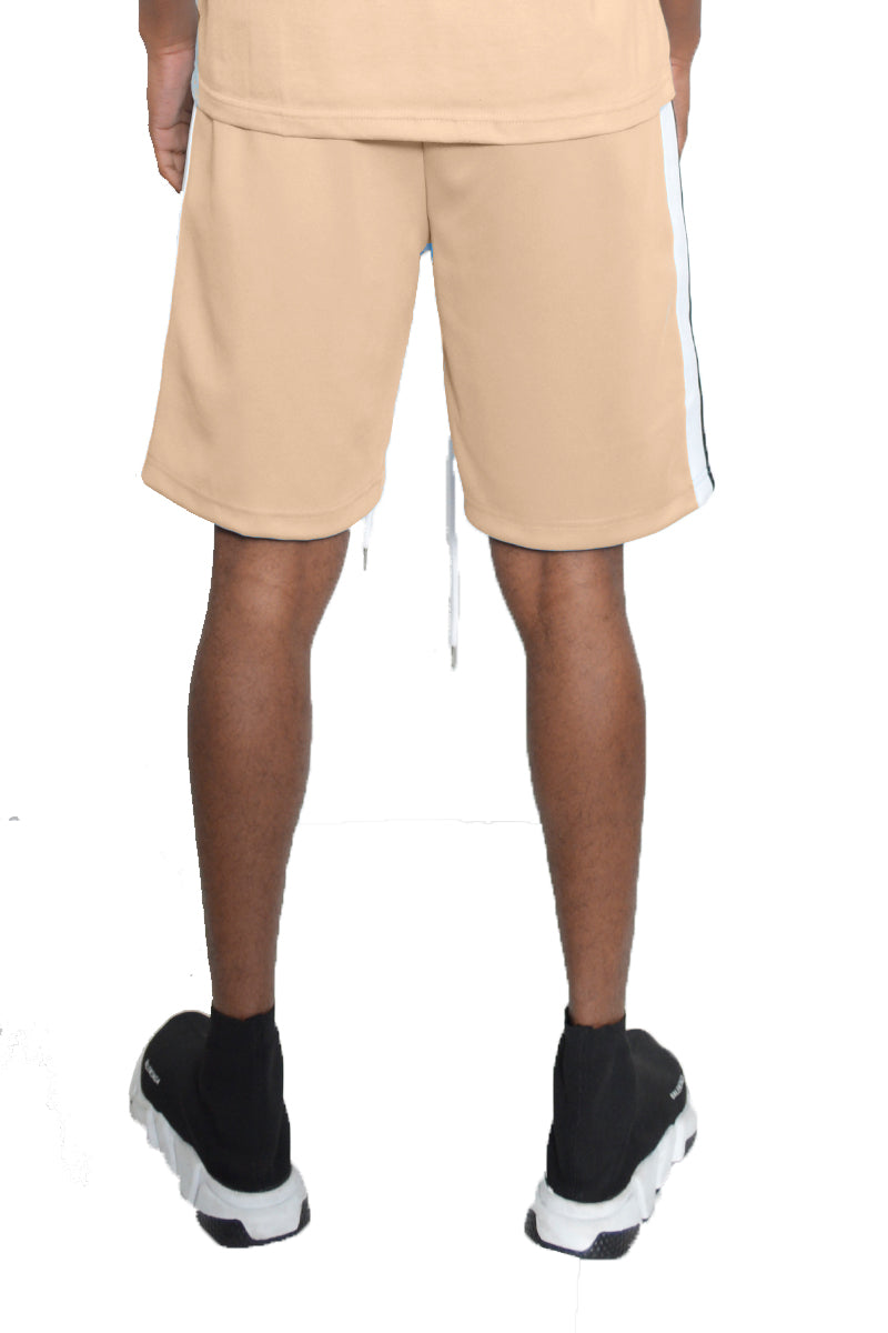 Front Pleat Shorts featuring an elastic waist, drawstring, front pleat design, side striped tape, and standard pockets, made from 100% polyester.