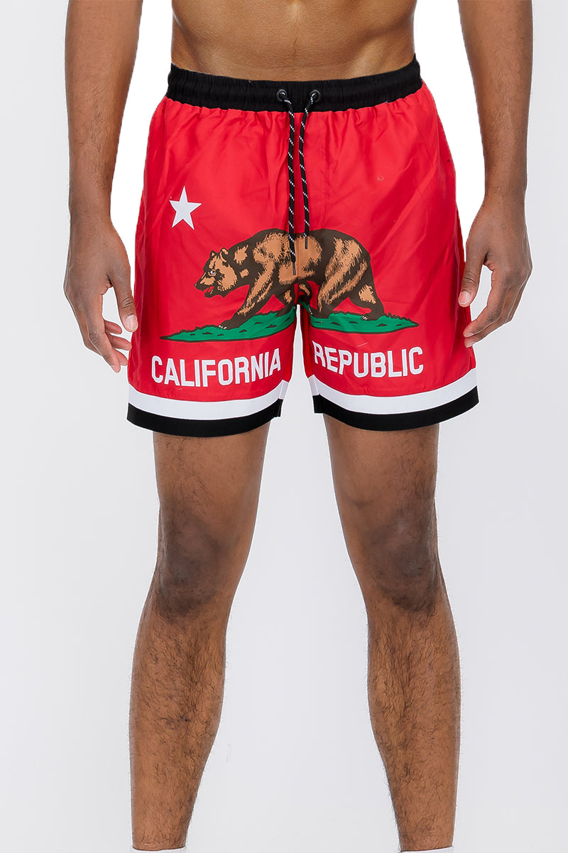 Fronted Cali Rep Print Swim Shorts featuring a vibrant design, mesh lining, and pockets for convenience.