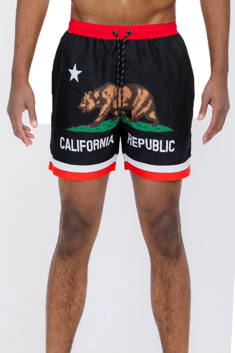 Fronted Cali Rep Print Swim Shorts featuring a vibrant design, mesh lining, and pockets for convenience.