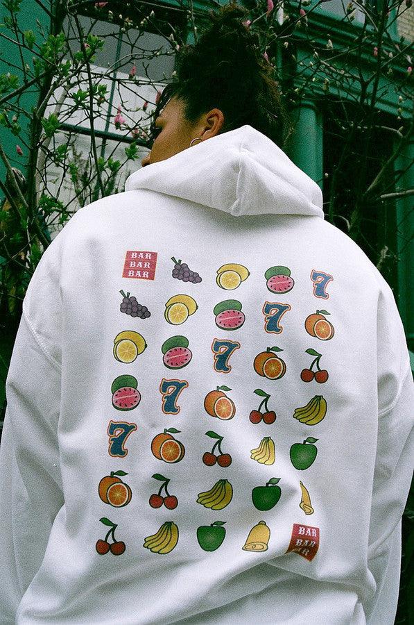 Fruity Casino Slots Design Hoodie featuring vibrant graphics on a white background, showcasing a playful casino theme.