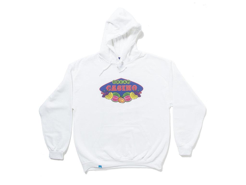 Fruity Casino Slots Design Hoodie featuring vibrant graphics on a white background, showcasing a playful casino theme.