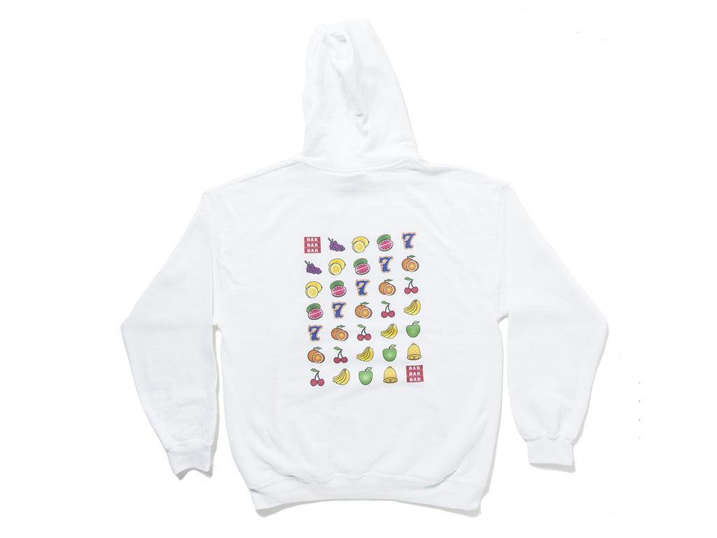 Fruity Casino Slots Design Hoodie featuring vibrant graphics on a white background, showcasing a playful casino theme.