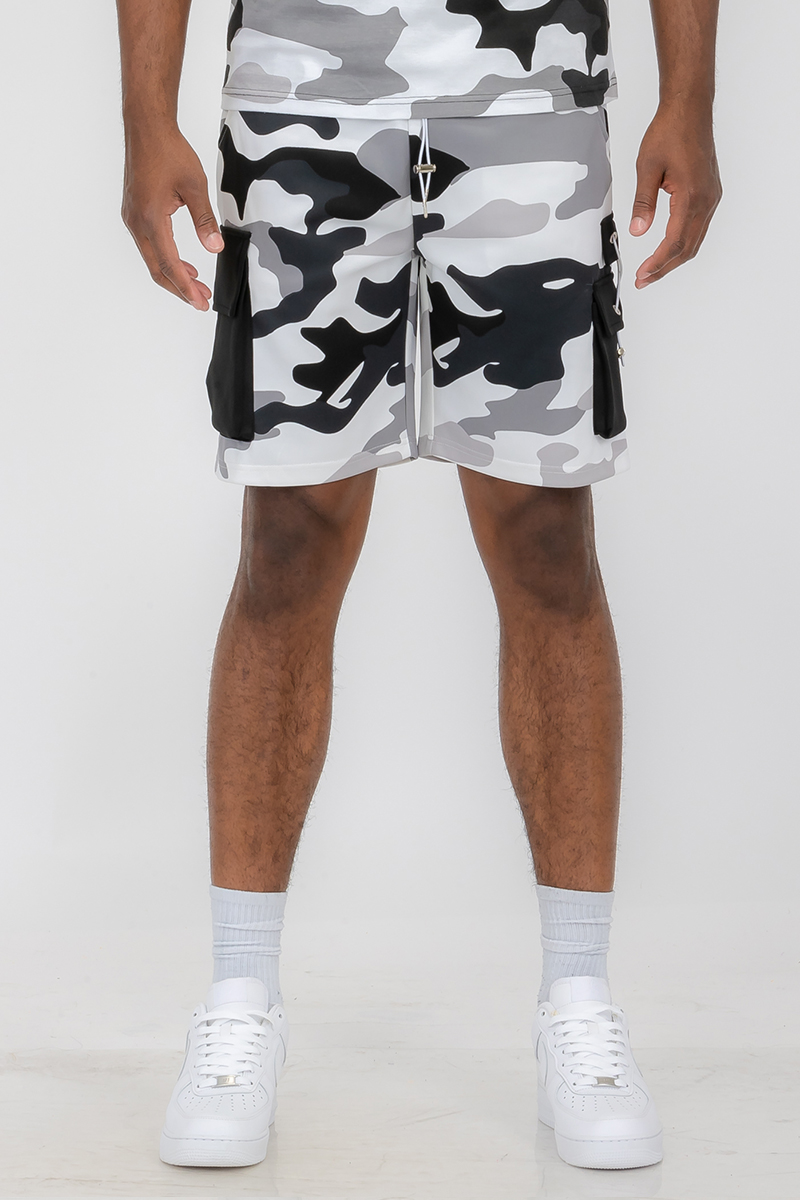 Full Camo Toggle Shorts featuring a digital print, elastic waist with drawstring, and cargo pocket with toggle.