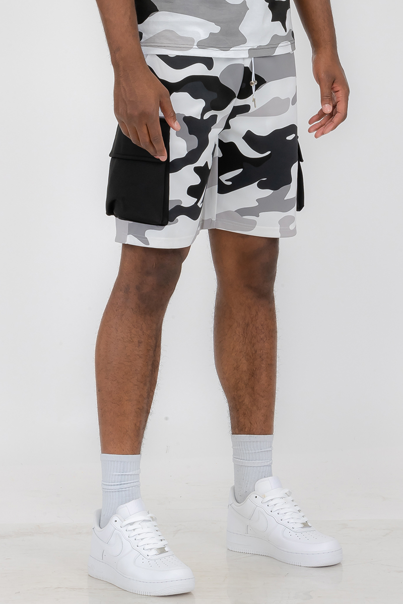 Full Camo Toggle Shorts featuring a digital print, elastic waist with drawstring, and cargo pocket with toggle.