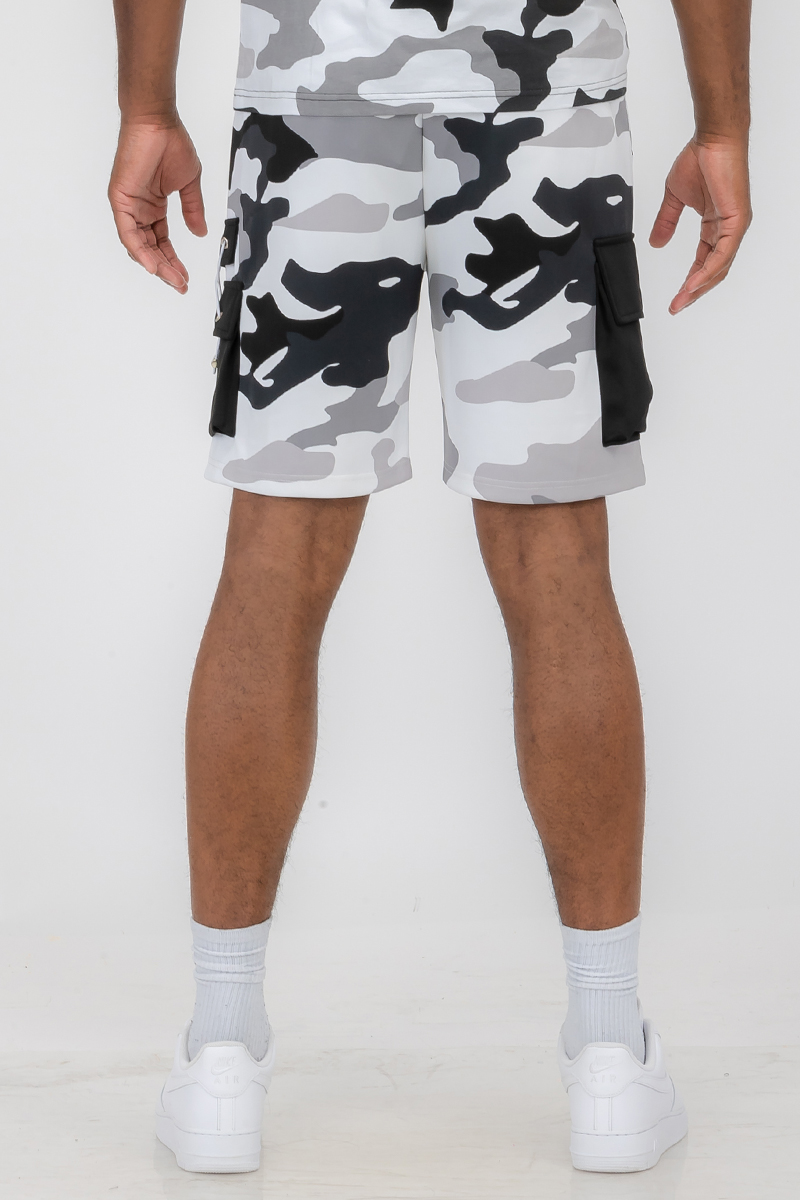 Full Camo Toggle Shorts featuring a digital print, elastic waist with drawstring, and cargo pocket with toggle.