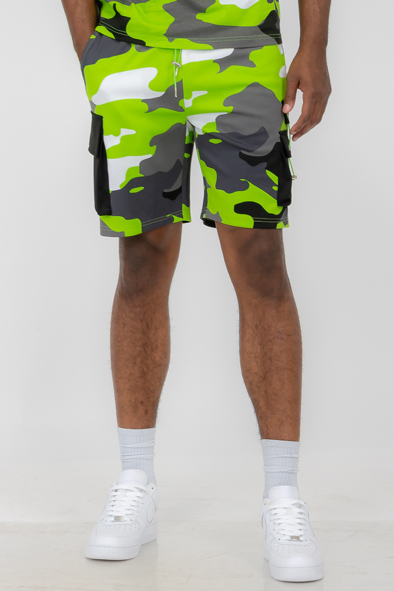 Full Camo Toggle Shorts featuring a digital print, elastic waist, drawstring, and cargo pocket with toggle.