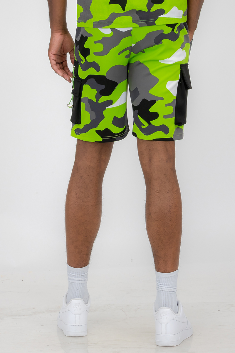 Full Camo Toggle Shorts featuring a digital print, elastic waist, drawstring, and cargo pocket with toggle.