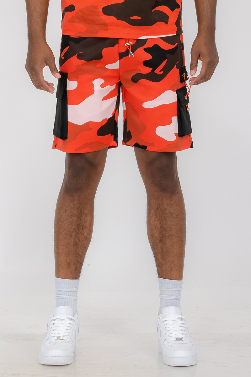 Full Camo Toggle Shorts featuring a digital print, elastic waist with drawstring, and cargo pocket with toggle.