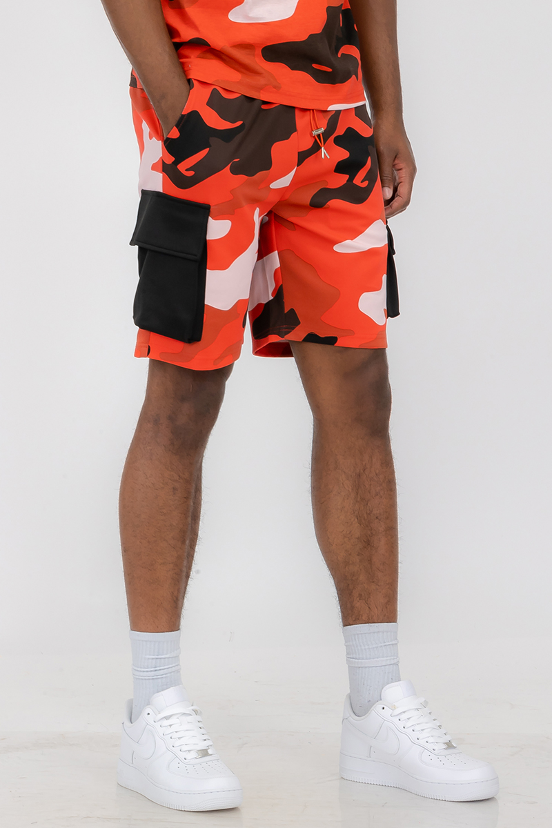 Full Camo Toggle Shorts featuring a digital print, elastic waist with drawstring, and cargo pocket with toggle.