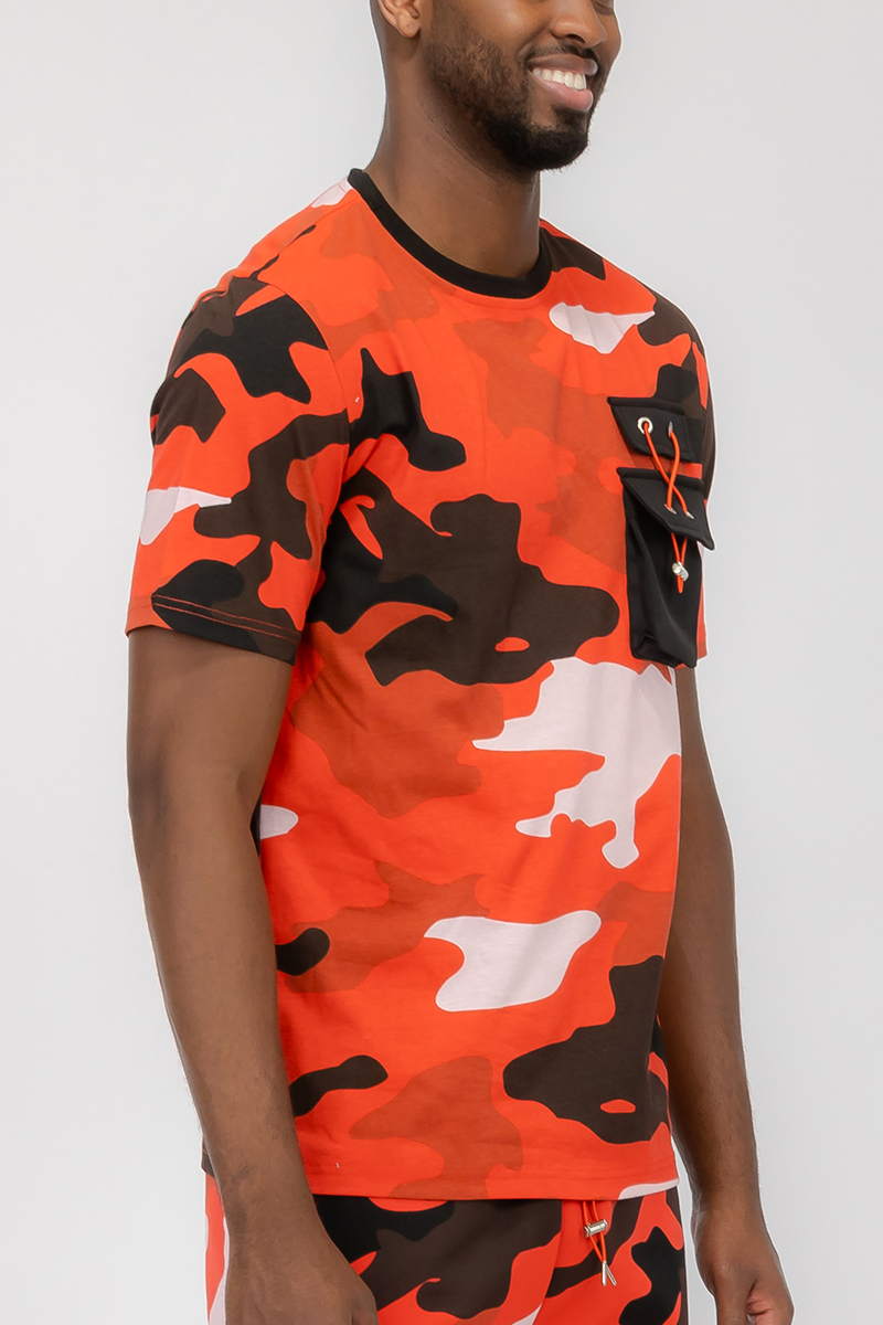 Full Camo Toggle T-shirt featuring a digital print, chest pocket with toggle, short sleeves, and round neck design.