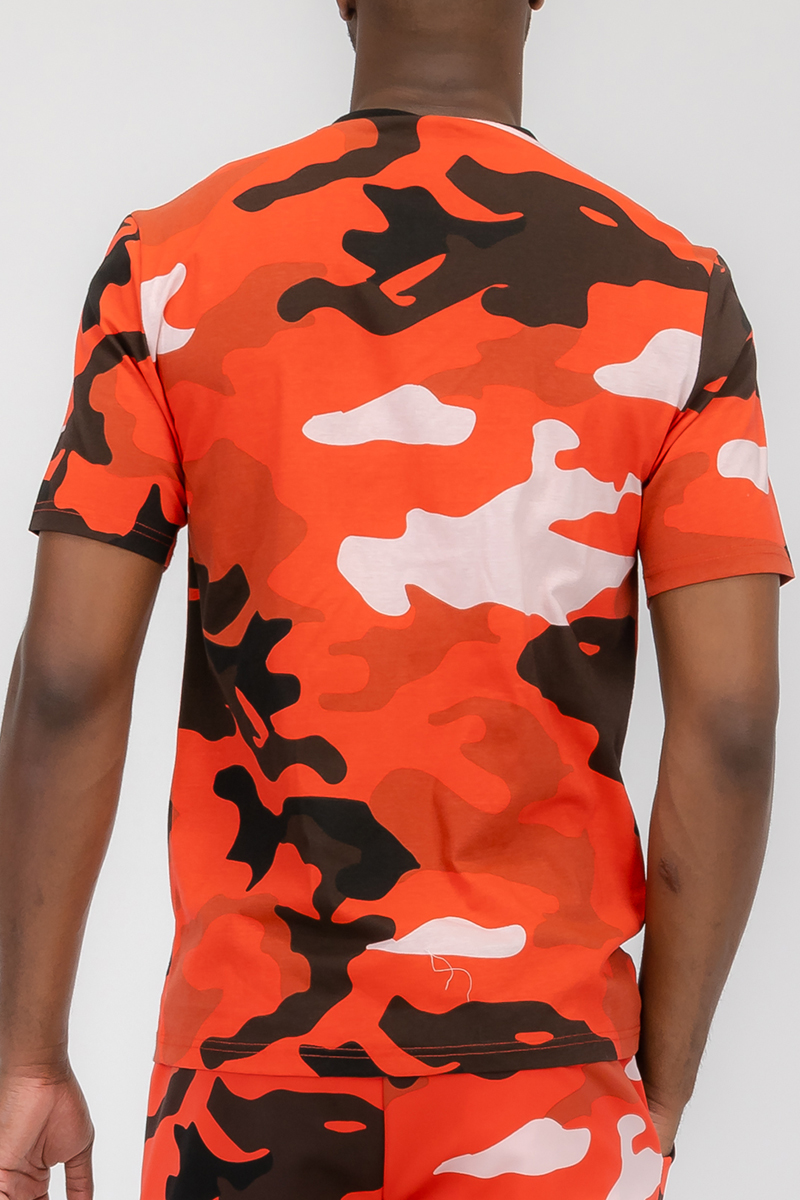 Full Camo Toggle T-shirt featuring a digital print, chest pocket with toggle, short sleeves, and round neck design.