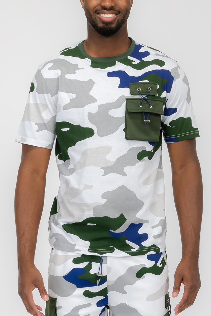 Full Camo Toggle T-shirt featuring a digital camo print, chest pocket with toggle, short sleeves, and round neck design.