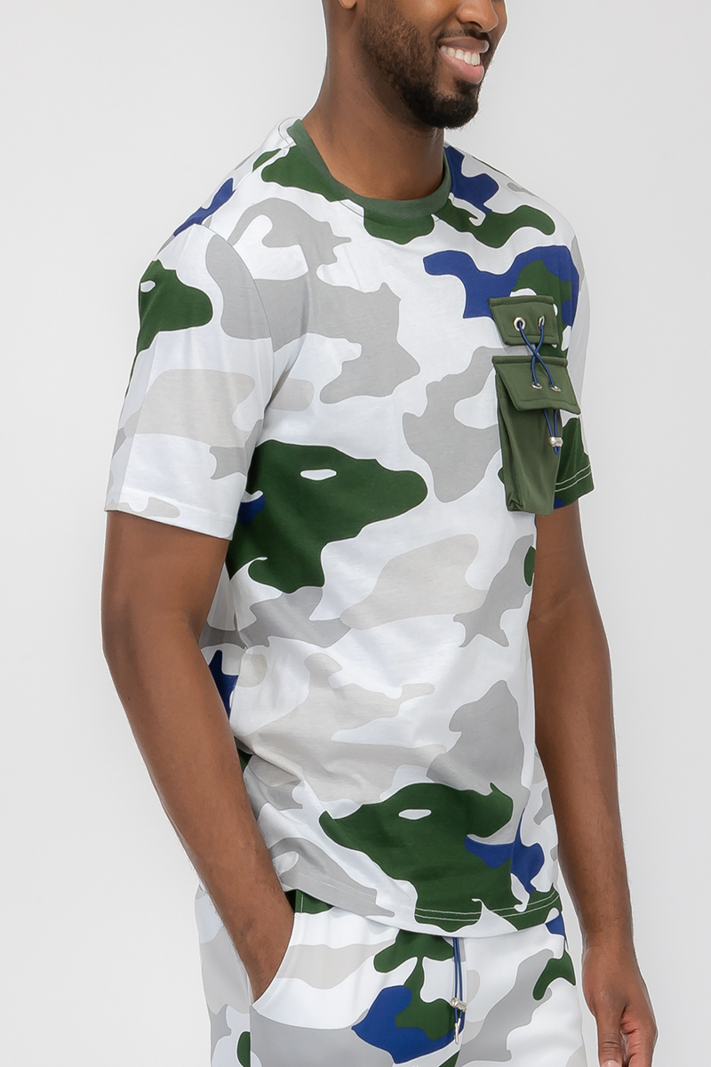 Full Camo Toggle T-shirt featuring a digital camo print, chest pocket with toggle, short sleeves, and round neck design.