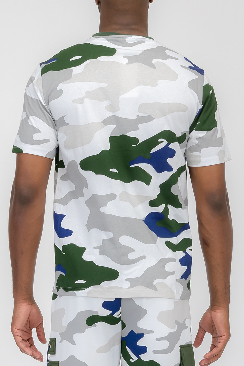 Full Camo Toggle T-shirt featuring a digital camo print, chest pocket with toggle, short sleeves, and round neck design.