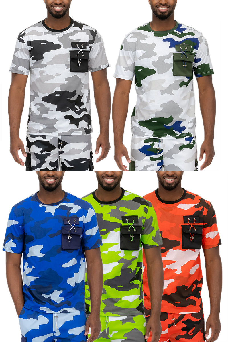 Full Camo Toggle T-shirt featuring a digital print, chest pocket with toggle, short sleeves, and round neck design.