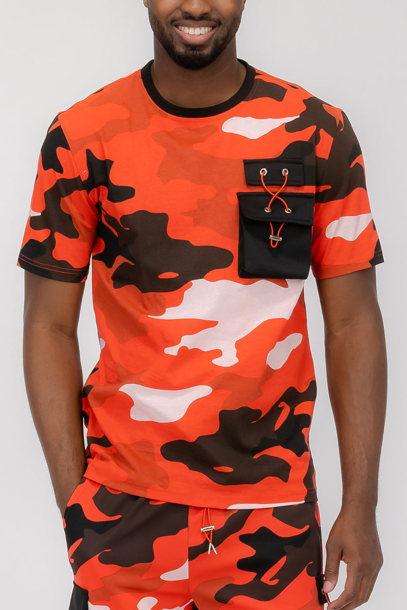 Full Camo Toggle T-shirt featuring a digital print, chest pocket with toggle, short sleeves, and round neck design.