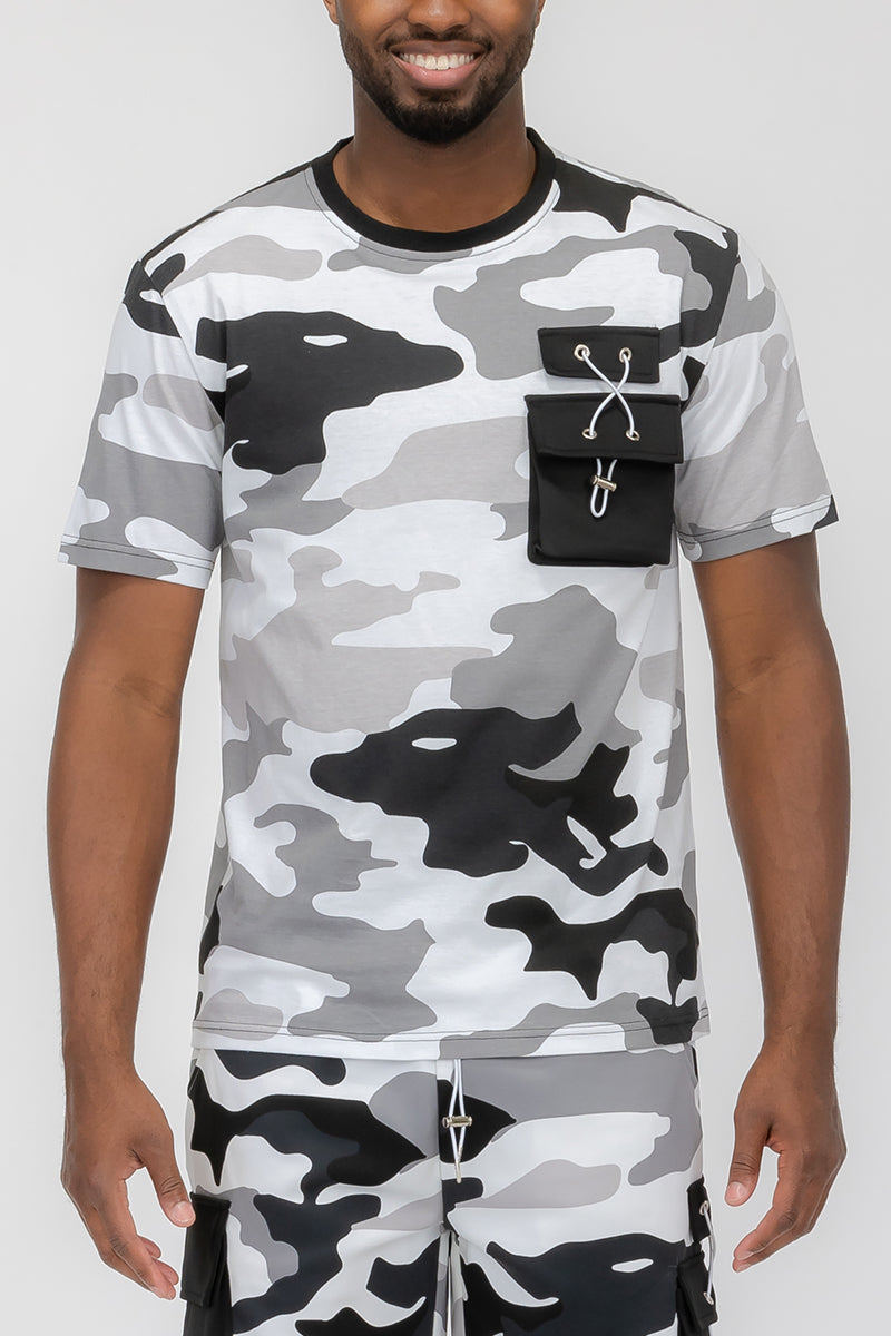 Full Camo Toggle T-shirt featuring a digital print, chest pocket with toggle, short sleeves, and round neck design.