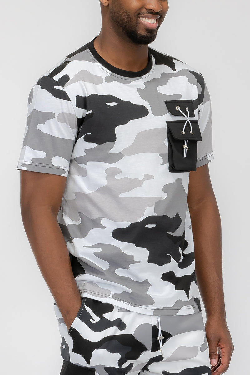 Full Camo Toggle T-shirt featuring a digital print, chest pocket with toggle, short sleeves, and round neck design.