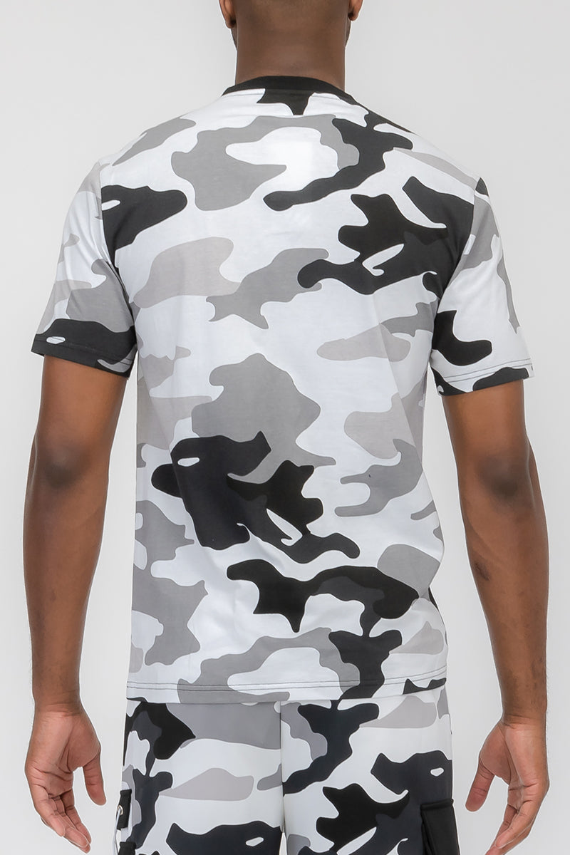 Full Camo Toggle T-shirt featuring a digital print, chest pocket with toggle, short sleeves, and round neck design.