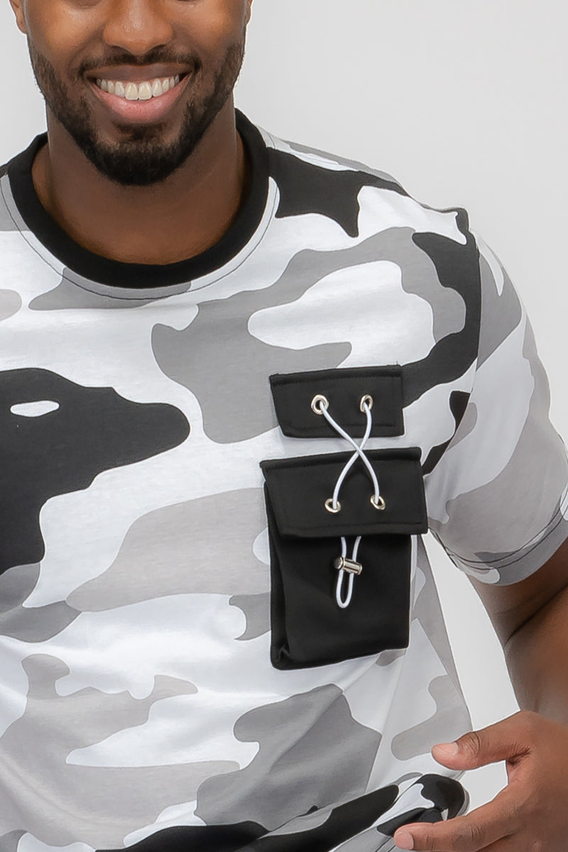 Full Camo Toggle T-shirt featuring a digital print, chest pocket with toggle, short sleeves, and round neck design.