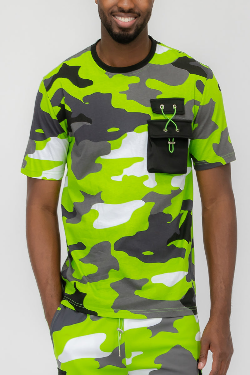 Full Camo Toggle T-shirt featuring a digital print, chest pocket with toggle, short sleeves, and round neck design.