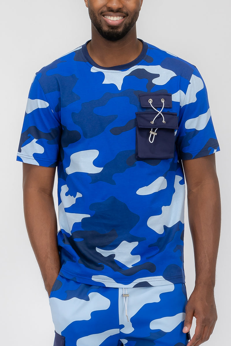 Full Camo Toggle T-shirt featuring a digital print, chest pocket with toggle, short sleeves, and round neck design.