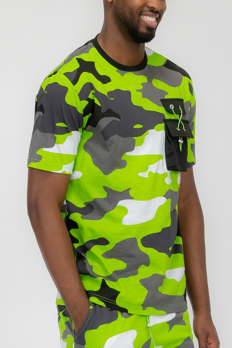 Full Camo Toggle T-shirt featuring a digital camo print, chest pocket with toggle, short sleeves, and round neck design.