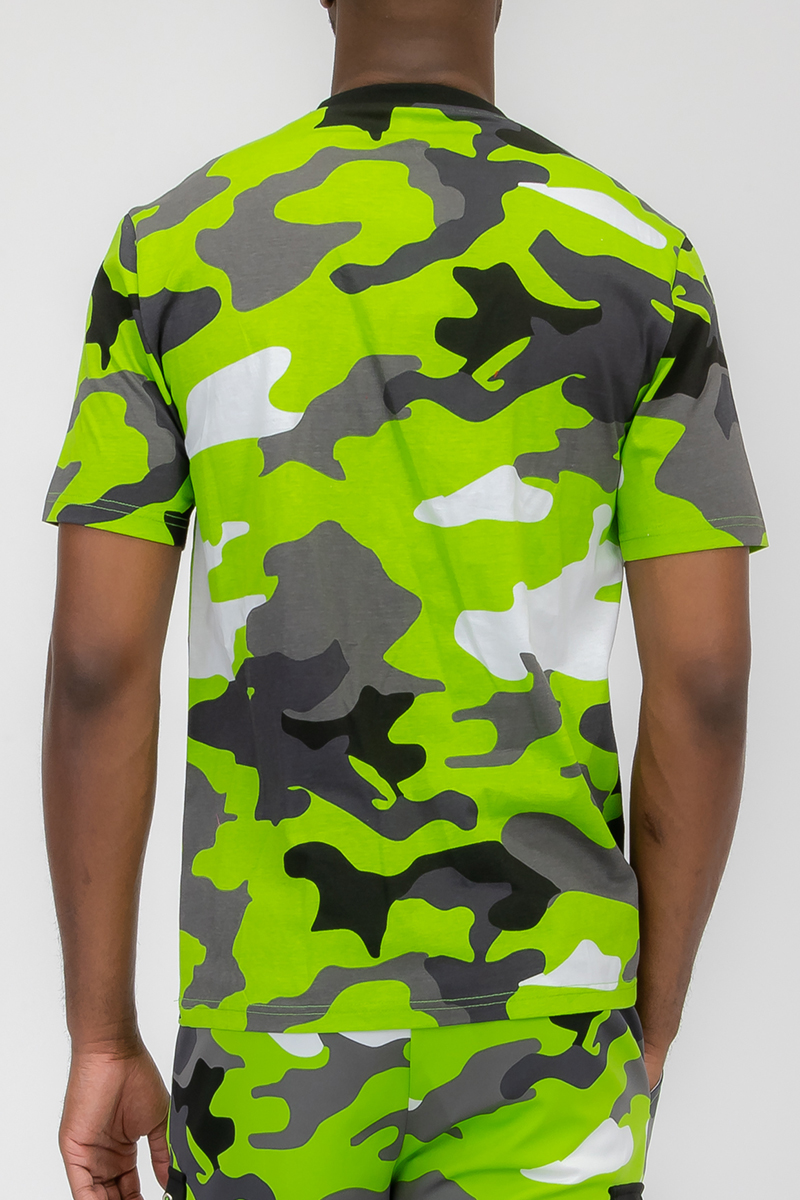 Full Camo Toggle T-shirt featuring a digital camo print, chest pocket with toggle, short sleeves, and round neck design.