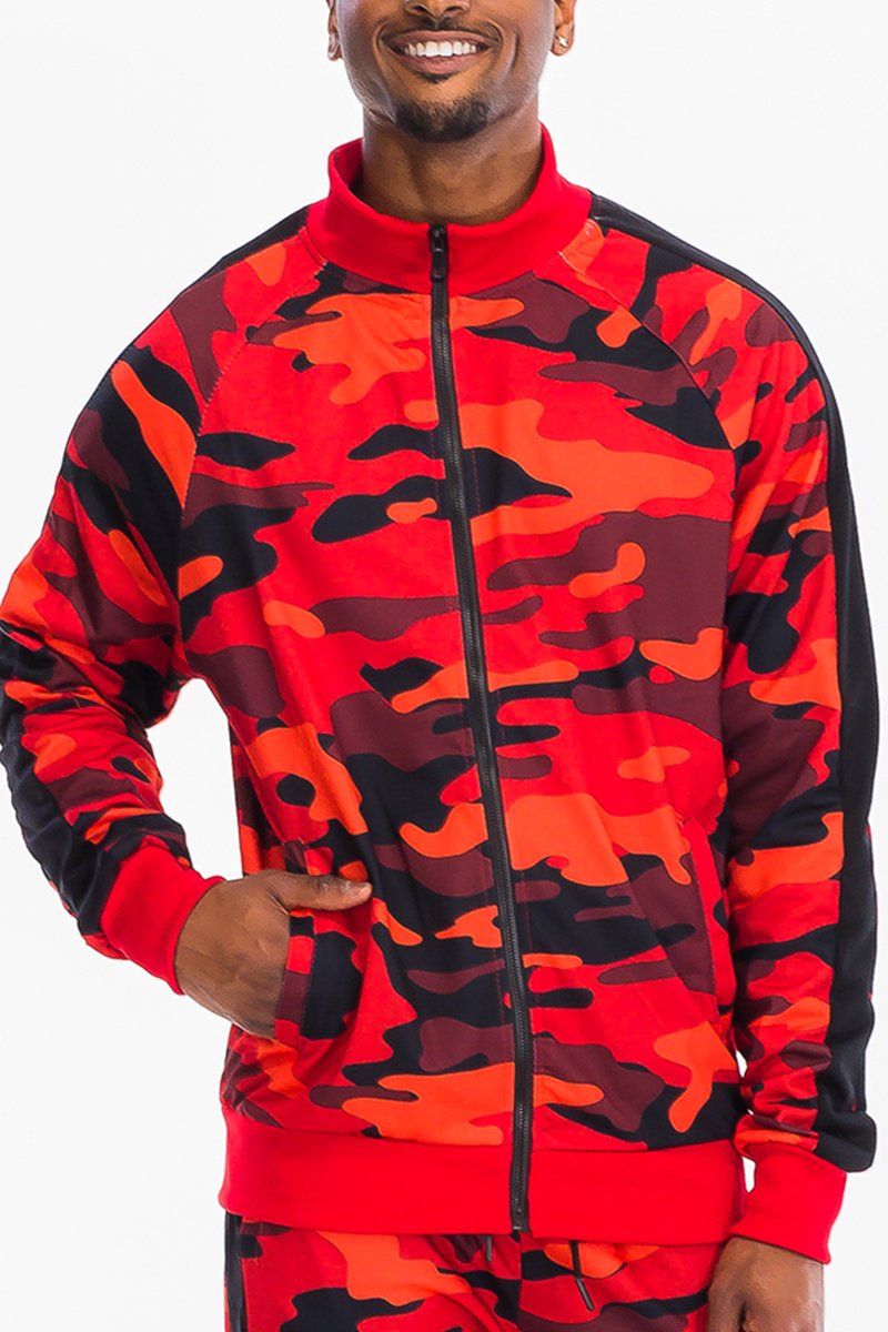 Full Camo Track Jacket displayed on a mannequin, showcasing its stylish camouflage pattern and comfortable fit.