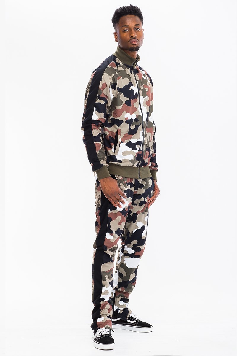 Full Camo Track Set featuring a slim fit design, hidden ankle zippers, and standard pockets, ideal for active lifestyles.