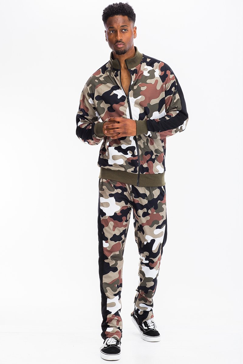 Full Camo Track Set featuring a slim fit design, hidden ankle zippers, and standard pockets, ideal for active lifestyles.