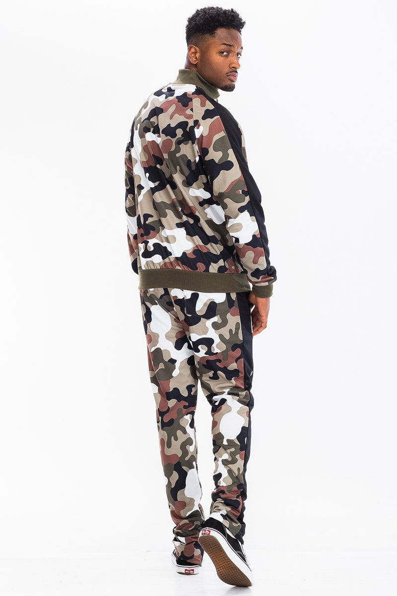 Full Camo Track Set featuring a slim fit design, hidden ankle zippers, and standard pockets, ideal for active lifestyles.