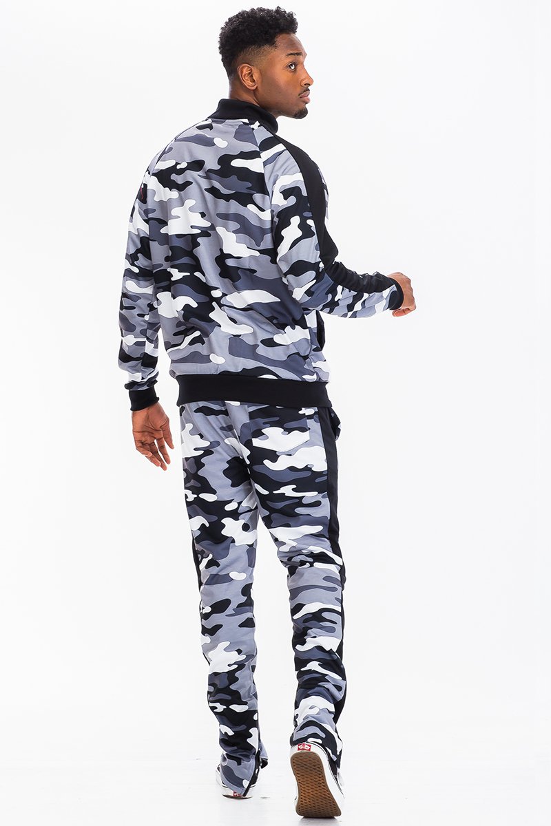 Full Camo Track Set featuring a slim fit design, hidden ankle zippers, and standard pockets, perfect for active lifestyles.