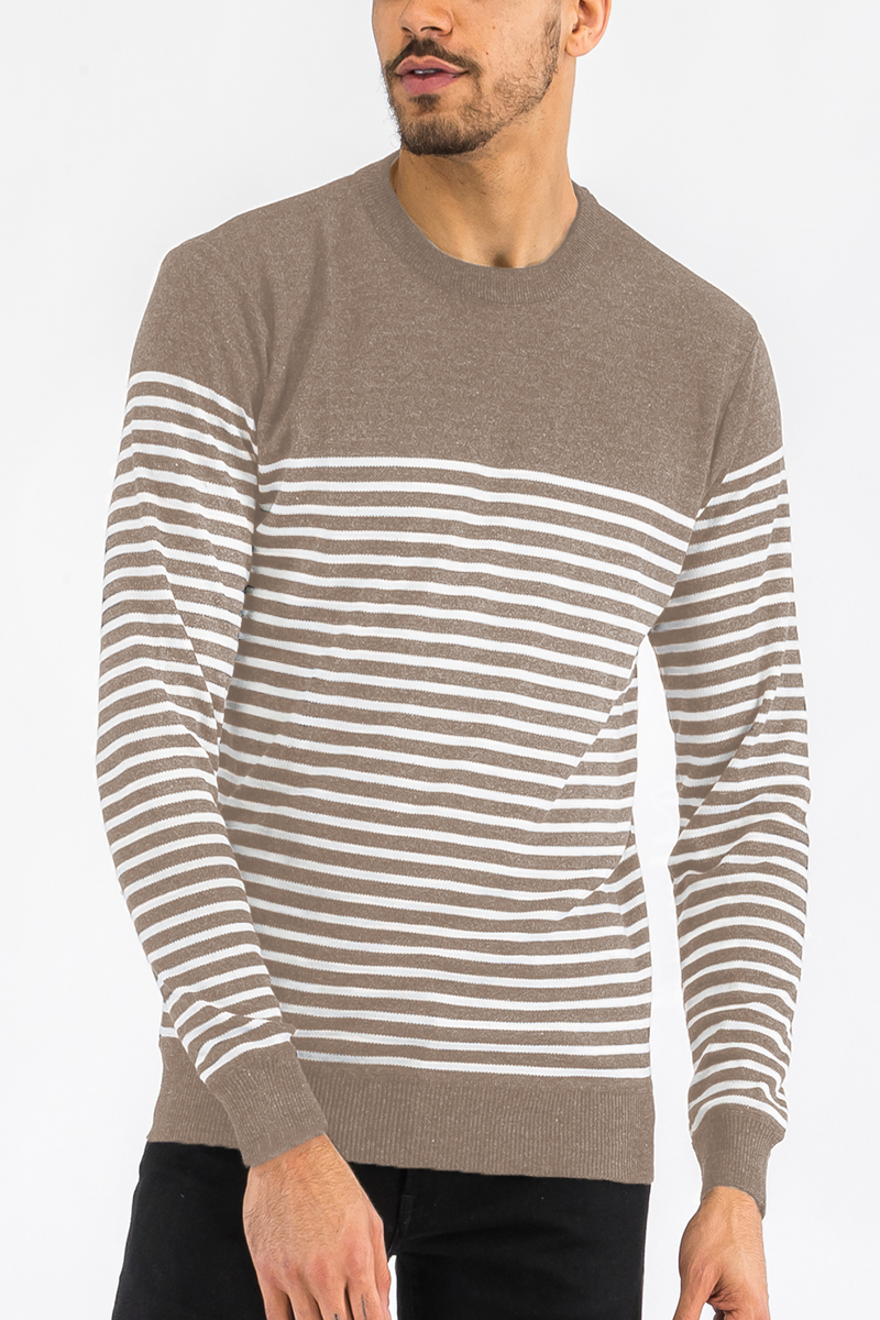 FULL KNIT STRIPED SWEATER NR2014 featuring a round neck and two-color stripe pattern, made from 100% polyester.