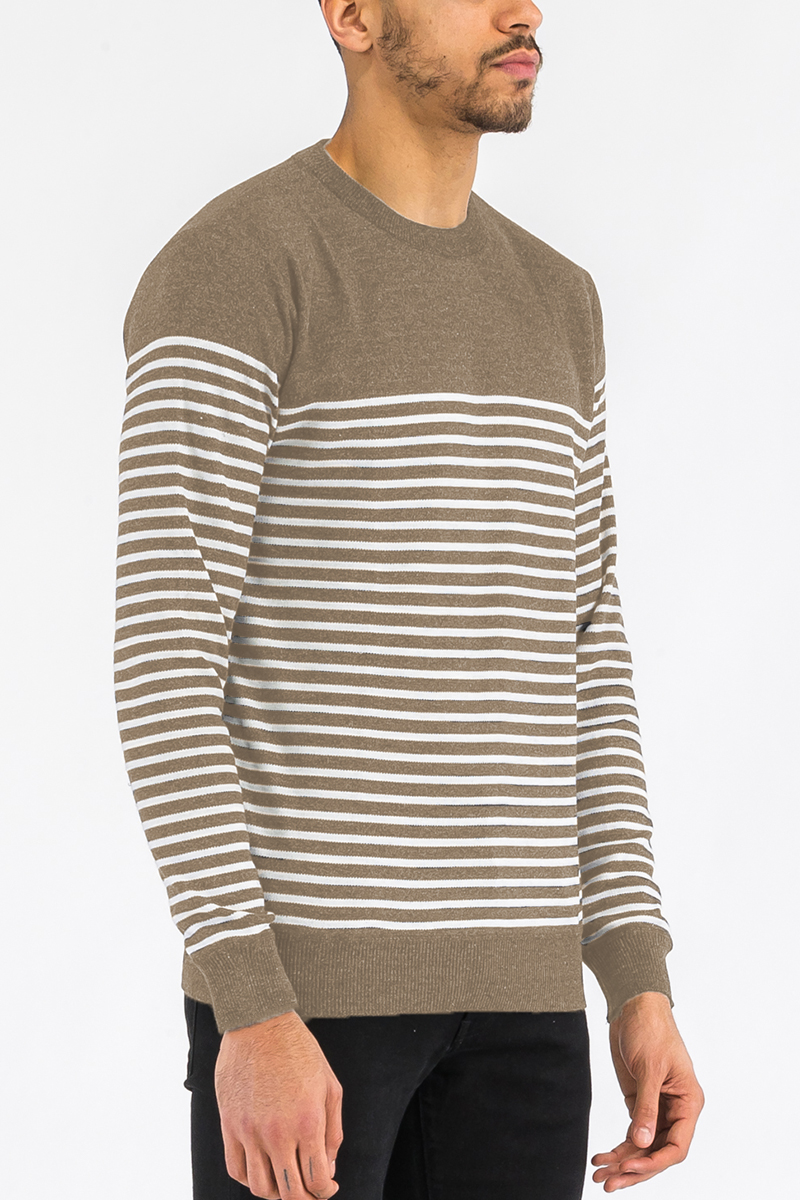 FULL KNIT STRIPED SWEATER NR2014 featuring a round neck and two-color stripe pattern, made from 100% polyester.