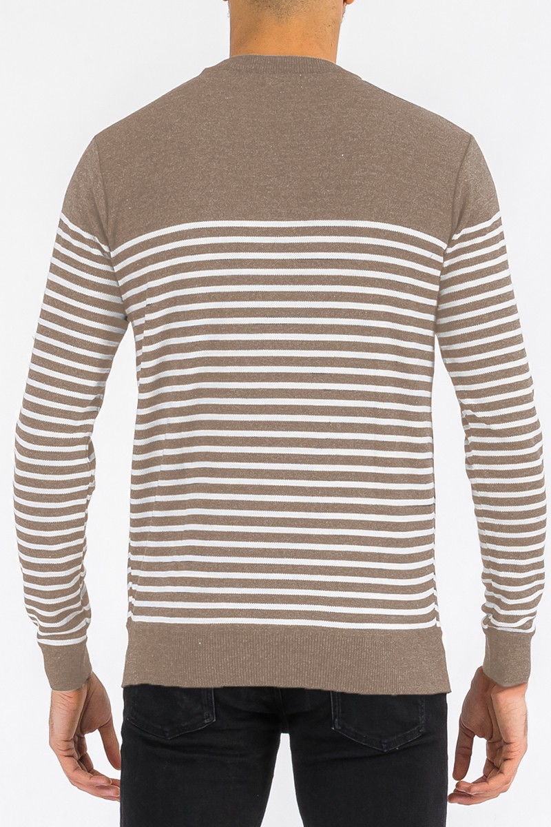 FULL KNIT STRIPED SWEATER NR2014 featuring a round neck and two-color stripe pattern, made from 100% polyester.