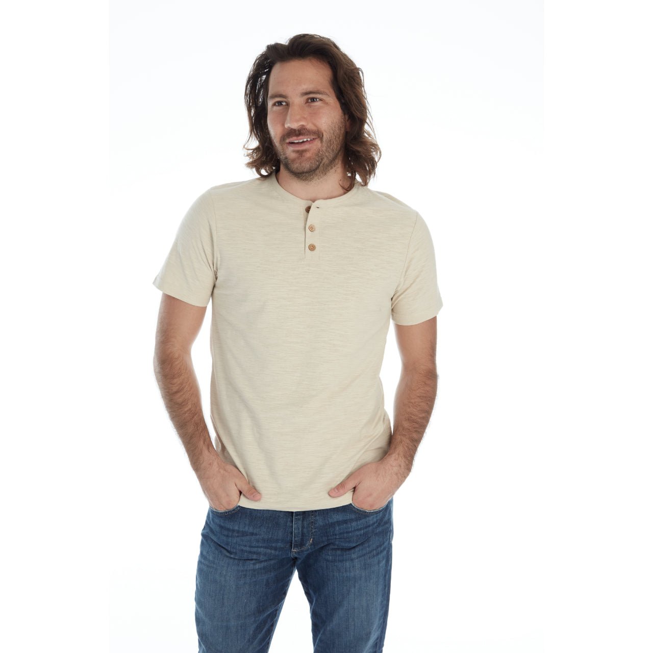 Gabe Solid Slub Henley in sand color, featuring a three-button placket and short sleeves, made from 100% cotton.