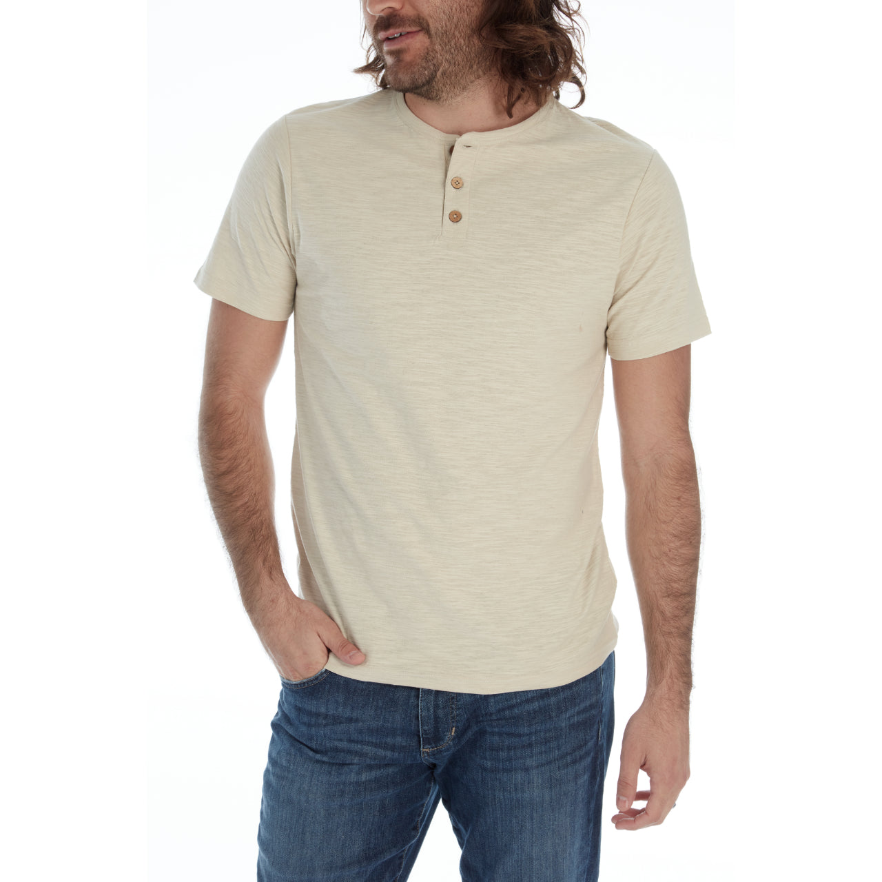 Gabe Solid Slub Henley in sand color, featuring a three-button placket and short sleeves, made from 100% cotton.