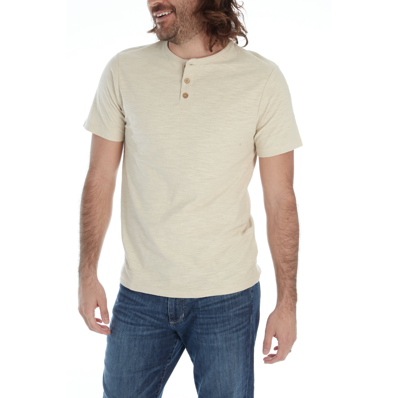 Gabe Solid Slub Henley in sand color, featuring a three-button placket and short sleeves, made from 100% cotton.