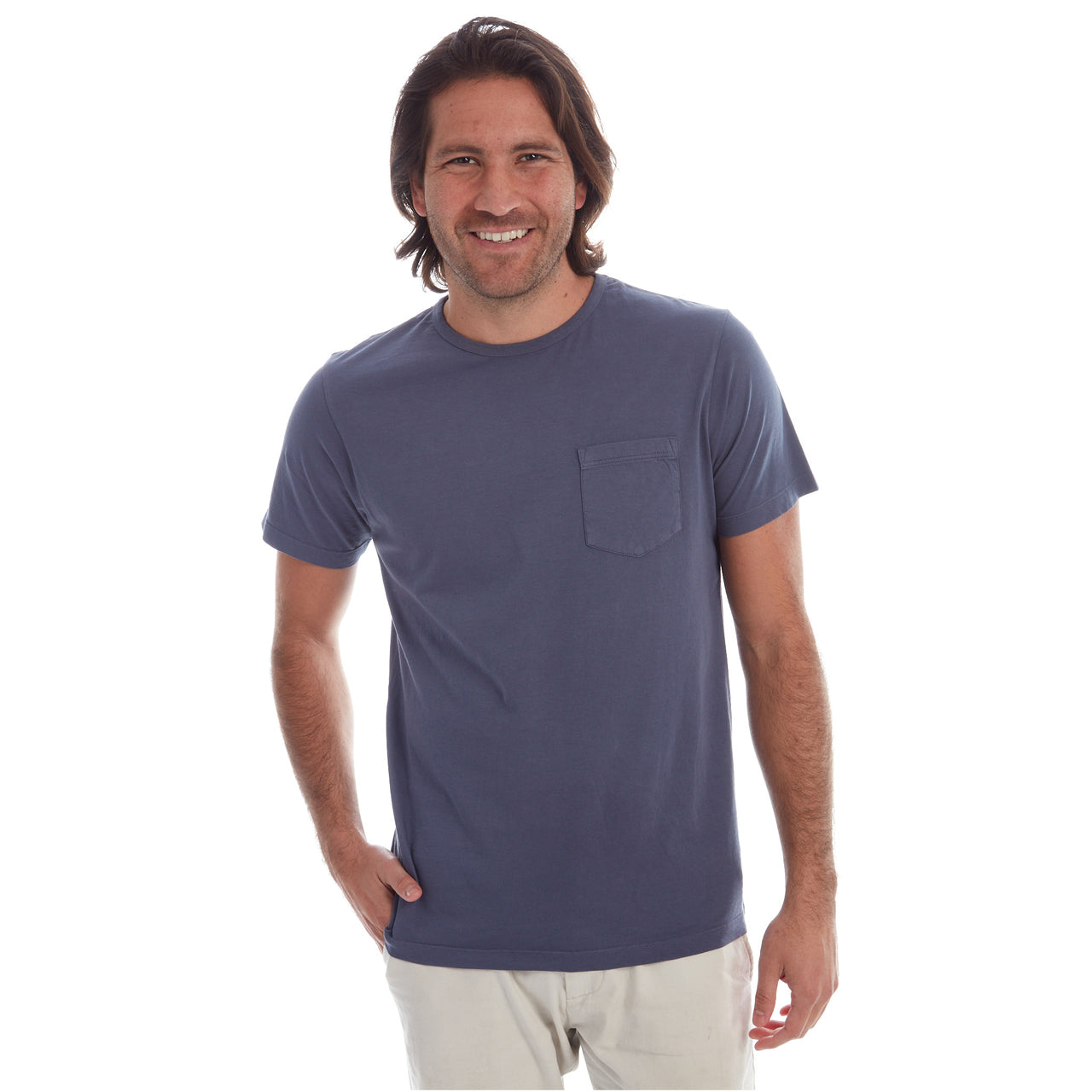 Gavin Garment Dyed Tee in navy color with a patch pocket, showcasing its soft cotton fabric and crew neck design.