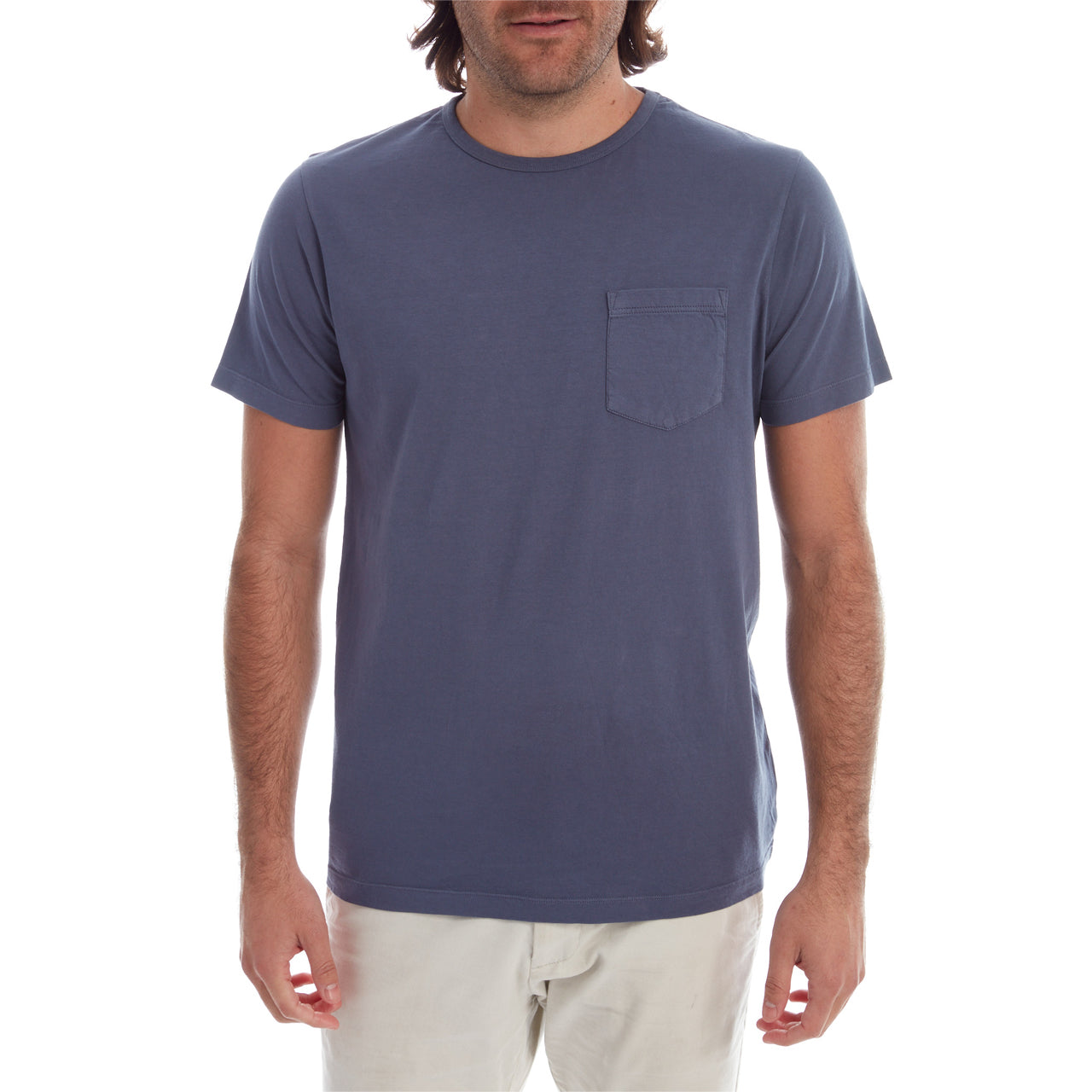 Gavin Garment Dyed Tee in navy color with a patch pocket, showcasing its soft cotton fabric and crew neck design.